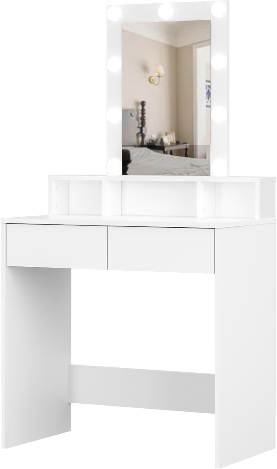 Panana Dressing Table with Led Lights Mirror Adjustable Brightness, Vanity Makeup Table with 2 Drawers (WH-08)