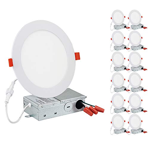 DUNZHITECH 12 Pack 6 Inch Ultra Thin Led Recessed Lights 12W=110W EQV 840LM 3000K Warm White LED Wet Location Ceiling Slim Downlight Dimmable Airtight Canless IC Rated White ETL Certification