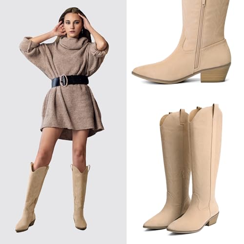 Bigwow Women's Western Cowboy Knee-High Boots Suede Embroidery Pointed Toe Tall Boots Side Zipper Low Chunky Heel Long Boots for Ladies3