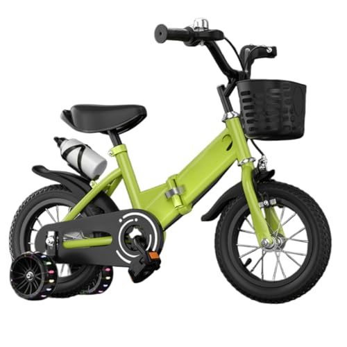 GrdMis折りたたみ自転車 子供用 12/14/16/18/20インチ 補助輪付き 泥除け付属 ハイカーボンスチール製 サドル高さ調節可能 背もたれ付き 広幅光るホイール 男女兼用 3歳〜13歳対応 キッズバイクヘッドライト付き 組み立て簡単 (グリーン