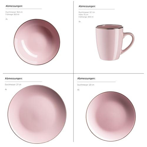 MÄSER Kombiservice, Steinzeug METALLIC RIM Rosa, 16-teilig