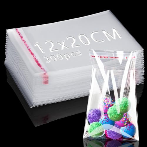 300 Pièces Sachet Plastique Transparent 20x12cm Auto Adhésif OPP pour Bonbons, Biscuits, Chocolats, Bijoux - Emballage Cadeau Noël