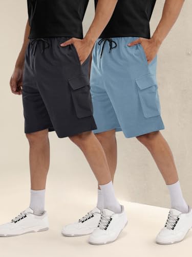 Image of Pinkmint Cargo Shorts for Men Pack of 2 Cotton Lycra Training Gym Shorts for Men Casual Workout Lightweight Summer Shorts with Dual Side Pockets Half Pant for Running, Gym, Walking, Travel