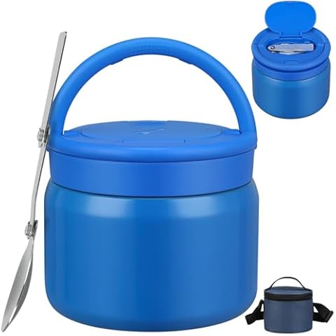 2025 Soup Thermo for Hot Food Kids with Insulated Bag, 15oz Vacuum Insulated Food Jar Wide Mouth Leakproof Lunch Container with a Stainless Steel Spoon for School Office, Blue Cover