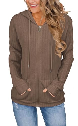 JomeDesign Sweatershirt for Women Casual Long Sleeve Zip Up Hoodies Lightweight Ladies Tops Khaki L