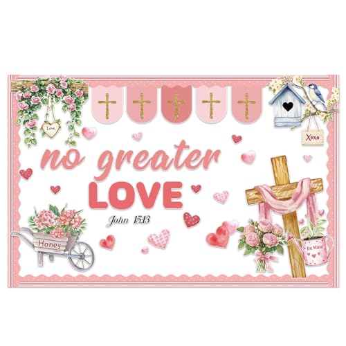 PYURTHITY 75 Pcs Valentines Christian Bulletin Board Decorations Set, No Greater Love John 15:13 Bible Verse with Pink Heart Cross Rose Flowers Cutouts for Sunday School Church Classroom Wall Decor