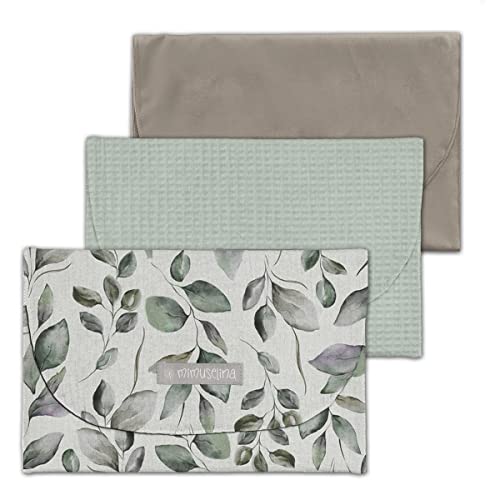 MIMUSELINA | Pack 3x Bolsa impermeable para muda | Organizador ropa de bebe para hospital o carrito | Porta Pañales y toallitas Bebe | Bolsa de Tela porta documentos para bebes | Botanic, Stone y Mint