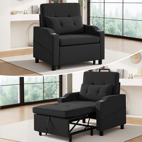 Image of Sleeper Chair,Single Armchair Sofa with Pillow,Adjustable Backrest Recliner Sofa Modern Pull Out Couch Bed with USB Port Cup Holder Side Pocket for Living Room Bedroom(Black)