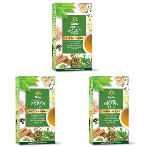 Image of Dabur Vedic Detox Kahwa Green Tea - 25 Teabags | Blend of 8 Real Ayurvedic Herbs & Rock Salt | Helps in Detoxification | Helps in Weight Loss | Boosts Metabolism & Improves Digestion | Ideal After Meal Beverage