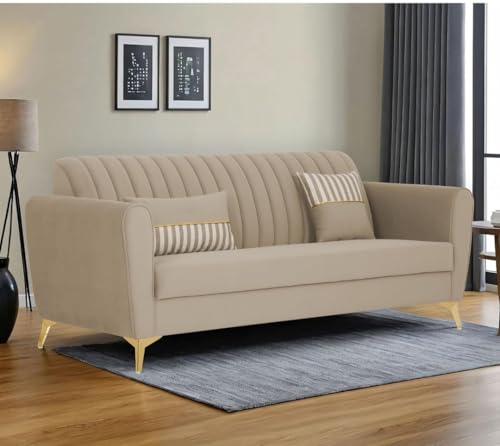 Image of MS Luxury FURNITRE Premium Luster 3-1-1 Sofa Set | Velvet Suede Fabric | 5 Color and Golden Legs & Striped Pattern Cushion wit Centre tabule Free (Beige, 3 seatar)