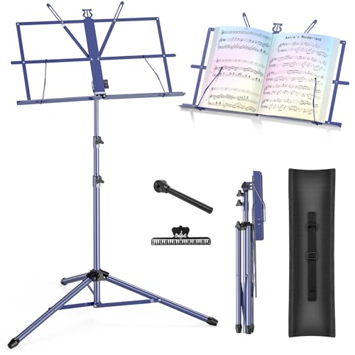 Music Stand New bee Foldable & Portable Metal Sheet Music Stand with Carrying Bag, Adjustable Podium Stand with Tripod Base and Sheet Music Folder - Blue