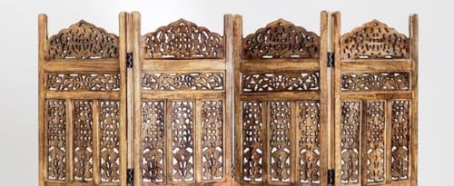 Image of Home & Goods International Wooden Room Divider Partition - Foldable Wood Screen Separator for Living Room, Bedroom, Office, Restaurant || Kangra Badrun, Brown - 4 Panel
