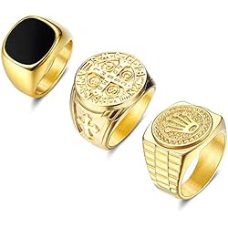 Anillo De Oro Cara De Indio Adramata Anillo Ancho Hombre, Acero Inoxidable, Esmalte Negro, Cruz Religiosa y Corona, Anillo Tallado, Tono Dorado, Anillo Vintage De Hip Hop Rock, Anillo De Compromiso De Amistad Para Hombres