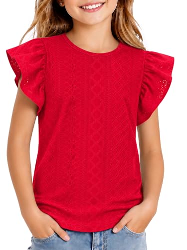 Image of Girls Striped Shirt Flutter Sleeve Top Crewneck Cute Summer T Shirts Casual Tees Solid Red 5-6 Years