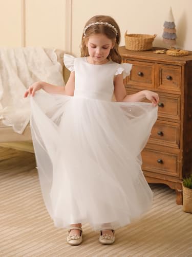 Flower Girl Dress V-Back Sleeveless Pearl Tulle Pageant Maxi Gown First Communion3