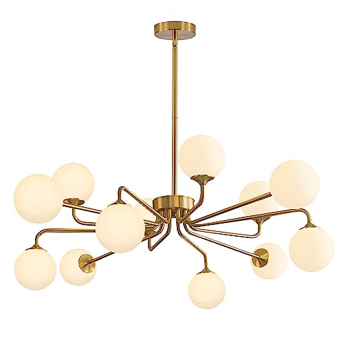 KCO Lighting   Lámpara de araña moderna Sputnik de 12 luces con forma de globo de cristal, lámpara colgante geométrica de latón cepillado para cocina, isla, sala de estar, vestíbulo