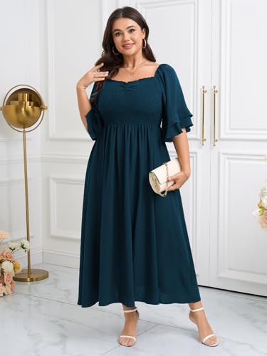 SCOMCHIC Womens Plus Size Maxi Dresses Smocked Square Neck Short Sleeve Wedding Guest Formal Flowy A-Line Long Dress2