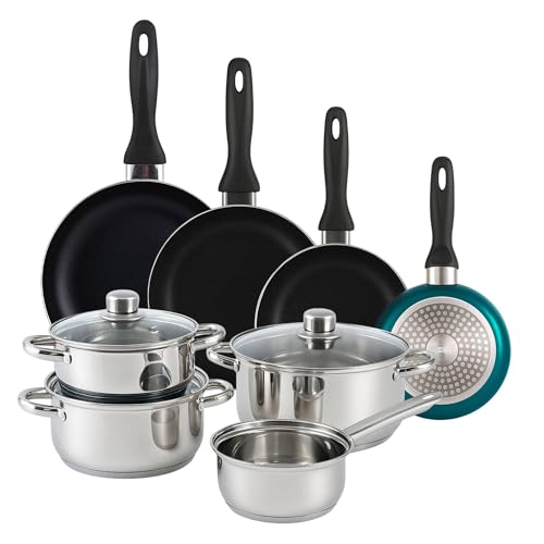Well Home Pack Batería de cocina 7 Piezas en acero inoxidable + Sartenes Ø16Ø20Ø24Ø28cm Aluminio prensado Azul metalizado