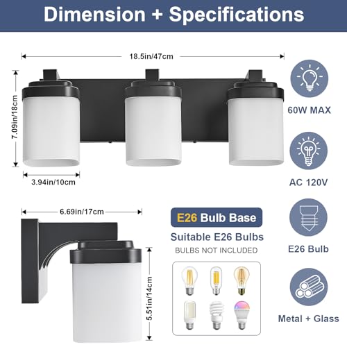 Image of 17 Inches Bathroom Vanity Light, 3-Light Black Bathroom Light Fixtures Over Mirror, Bathroom Light Shower Lamp with Milky White Square Glass Shade, Modern Farmhouse Lighting Fixtures