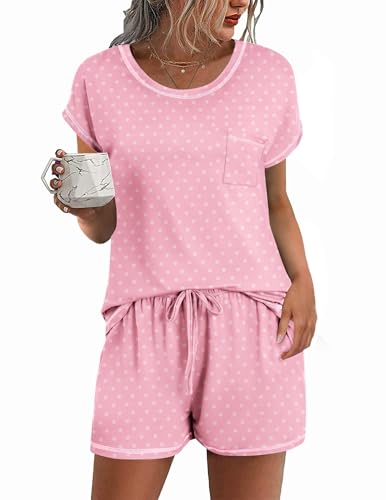 Image of Ekouaer Womens Pajama Sets 2 Piece Soft Short Sleeve Top and Shorts Sleepwear Round Neck Pjs Lounge Set with Pockets