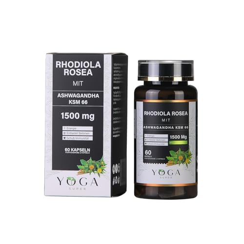YogaSuper Rhodiola Rosea with Ashwagandha KSM-66 – 1500 mg – 60 Cápsulas | Apoyo de energía, alivio del estrés e inmunidad | Vegano y aprobado por la FDA