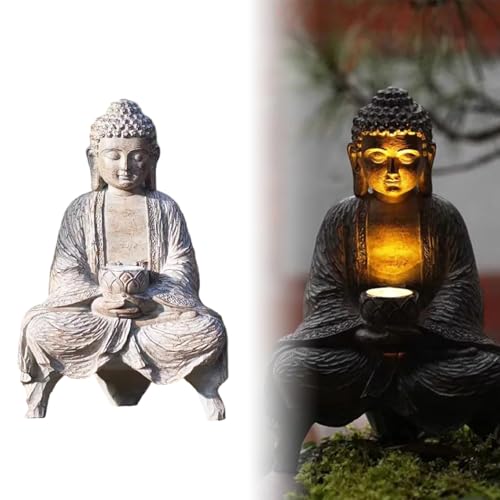 Muzrunq Estatua de Buda Estatuas de jardín Zen de Resina al Aire Libre con Luces solares meditación Fengshui Decoración Espiritual de Buda para jardín Patio Hogar..