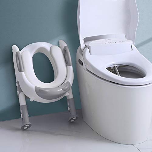 Victostar Potty Training Seat with Step Stool Ladder, Foldable Potty Training Toilet for Kids Boys Girls Toddlers-Comfortable Cushion Safe Handle Anti-Slip Pads (Gray)