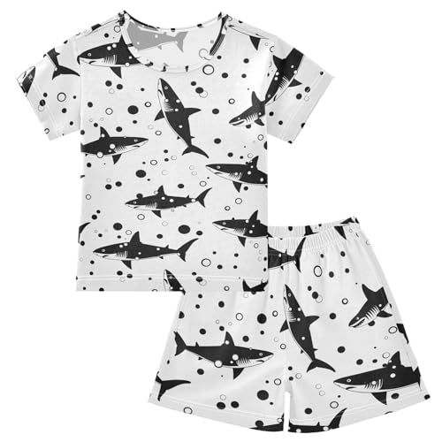 ALAZA Shark Black White Pajamas Short Sleeve 2 Piece Sleepwear Top and Bottom Pajama Set Unisex