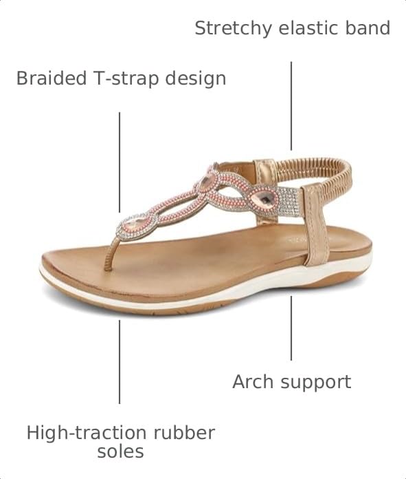 Image of UBFEN Womens Flat Sandals with Arch Support - T-Strap Thong Sandals with Elastic Back Strap, Comfortable for Walking, Bling, Rhinestone, Dressy
