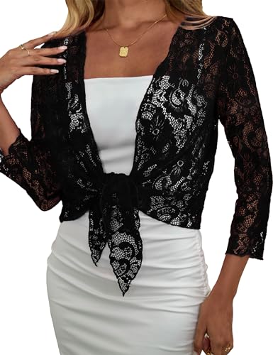 Image of Traleubie Womens Bolero Shrug Sweaters Lace Lightweigt Tie Front Sheer Cardigans for Dresses, S-XL