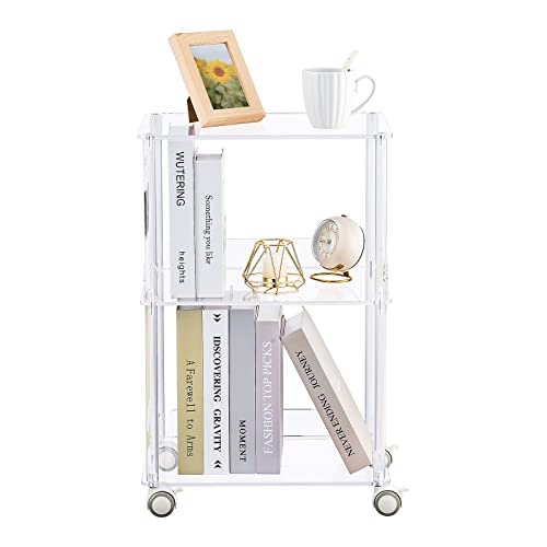 Aquiver Acrylic Rolling Side Table - 3 Tiers End Table With Lockable Wheels - Small Clear Table For Living Room, Bedroom, Office - 15.6'' L X 11.6'' W X 24'' H #TOP3