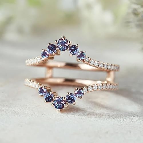 Shankar Jewels 2.00Ct Round Cut Blue Alexandrite and Moissanite Woman's Jacket Unique Enhancer Wedding Band Ring, 14K Rose Gold Finish, 925 Sterling Silver
