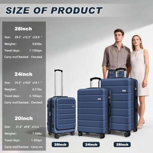 Image of KEYTANG SmileLine 3-Piece Luggage Set Lightweight Hardside Suitcase TSA Lock Spinner Wheels, 20 inch Expandable Carry-On Luggage with Quick Access Front Open Pocket, Bonus Makeup Bag,Navy Blue