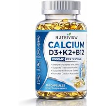 Nutriview Calcium D3 + K2 + B12 Softgels, 2000mg Suplemento De Calcio, Glucosamina + Condroitin Added, Strengthen Bones and Teeth, Boost Energy, Vegen, Non-GMO, 120 Capsules 1