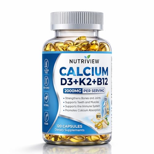 TAWODIUM Nutriview Calcium D3 + K2 + B12 Softgels 2000mg Suplemento De Calcio Glucosamina + Condroitin Added Strengthen Bones and Teeth Boost Energy Vegen Non-GMO 120 Capsules (1)