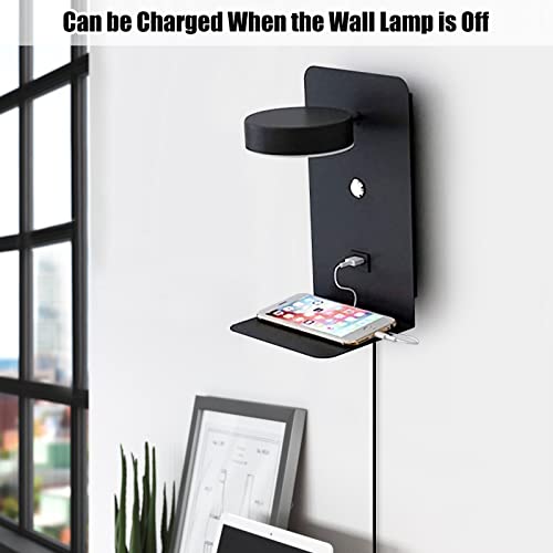 Image of LED Plug in Wall Lamps with USB Charging Port for Bedside, 8W Black Sconces Lights with Shelf Switch Cord 3-Ways Brightness Fixtures for Living Room, Bedroom Illumination for Reading
