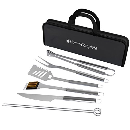 7-Piece BBQ Grill Tool Kit - Stainless Steel BBQ Accessories Kitchen Set With Spatula, Tongs, Fork, Knife, Brush, Skewers, and Case by Home-Complete