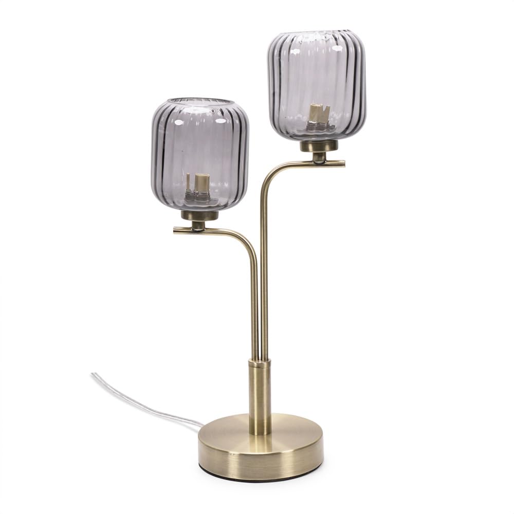 ValueLights | Gold 2 Way Table Lamp with Smoked Ribbed Glass Shades | Home Décor, Bedside & Desk Lamp | Includes Bulb
