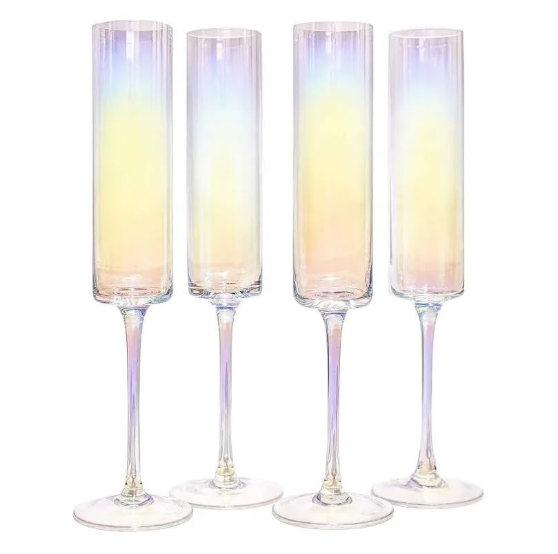 Iridescent Edge Champagne Flutes 180ml Set of 4, Crystal Prosecco Glasses