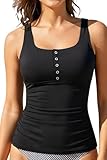 Yonique Women's Tankini Top Only Button Tummy Control Swim Tank Top Modest Bathing Suit Top No Bottom Black M