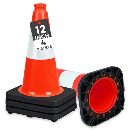 Image of BESEA 4 Pack 12 Inch Red Traffic Cones with 4 Inch Reflective Collar, Heavy Duty PVC Safety Cones with 8.5 x 8.5 Inch Base for Parking, Driving Practice, Sports Training, and Construction