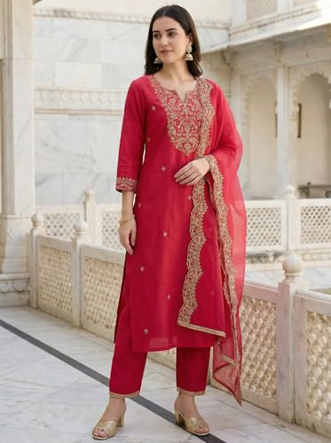 Image of INDO ERA Women's Embroidered Viscose Rayon Straight Kurta Pant with Dupatta Set