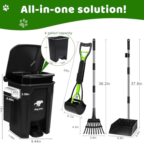 Image of Dog Poop Trash Can Outside with Pooper Scooper and Metal Rake & Tray, 20L /5Gal Dog Waste Trash Can with Lid, Pedal and Removable Inner Waste Bin, Pet Poop Bin with 100 Bags