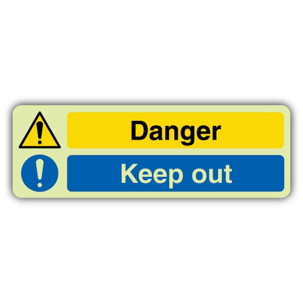 V Safety Glow In The Dark Danger - Señal de doble icono para mantener fuera, formato horizontal, 750 x 250 mm, hecha de vinilo autoadhesivo de triple brillo, señalización de advertencia de peligro