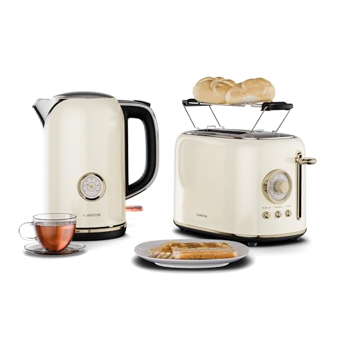 Klarstein Victoria Toaster Wasserkocher Set, Retro Design, 2 Scheiben Toaster mit 7 Bräunungsstufen & Brötchenaufsatz, 1,7L Wasserkocher mit Kalkfilter, Frühstücksset, Cream