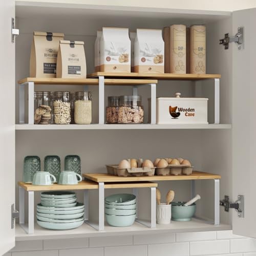Image of Expandable Kitchen Organizer, Bamboo Finish Spice Rack with Metal Frame, Space-Saving Countertop Cabinet Shelf, Multipurpose Storage Solution (Double Rack (Large + Small))