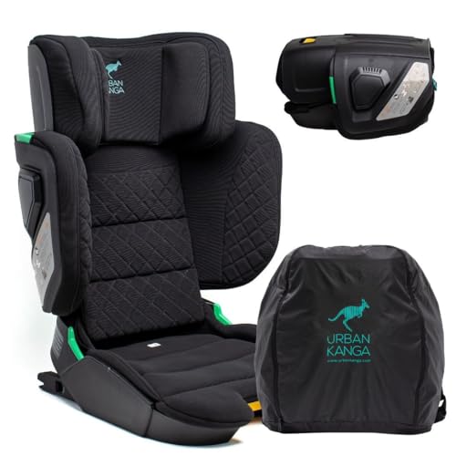Urban Kanga Wallaroo 2.0 Silla de coche de viaje portátil y plegable Asiento elevador ISOFIX i-Size 100-150cm (Negro acolchado)