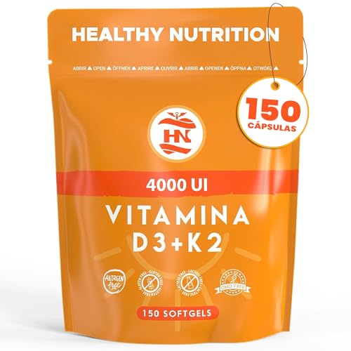 Vitamina D - 150 Cápsulas de vitamina D3 K2 – Vitamina D (4000 UI) altamente concentrada. Favorece la función inmunológica y ósea - 150 cápsulas