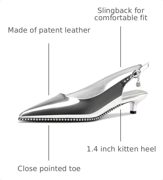 Image of TNYNFBEB Womens Low Kitten Heel Close Pointed Toe Pumps Slingback Silver Beaded Buckle Prom Party Dress Patent Leather 1.4 Inches Heels