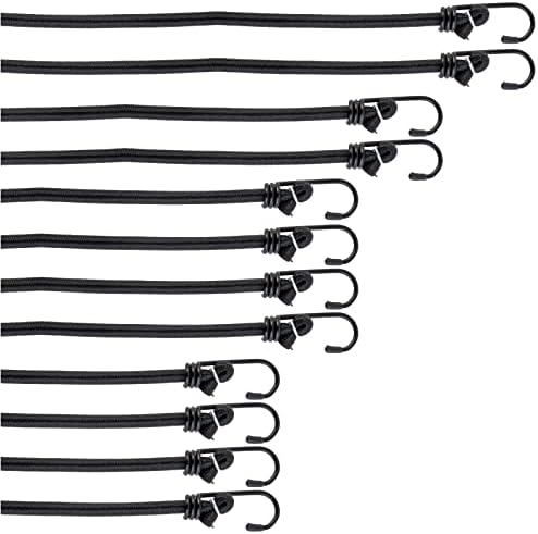 PRETEX 12 Bungee Cords with Hooks - Long Cord Rope Pack in Black - Strong Elastic Tie Down Moving Straps w/Heavy Duty Hooks - Bungees Pack for Various Cargo